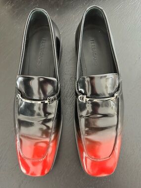 Salvatore Ferragamo Black to Red Gradient Patent Leather Bit Loafers